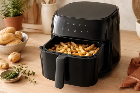Friteuse sans huile noire de 6 L avec panier, présentée sur un plan de travail en bois clair.