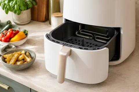 Friteuse sans huile blanche Cosori avec son panier, présentée sur un plan de travail crème avec des légumes frais.