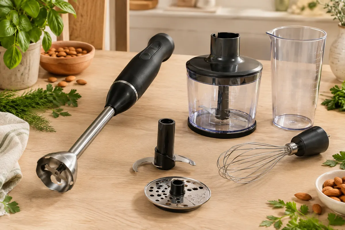 Mixeur plongeant noir CREATE avec gobelet doseur, bol hachoir, fouet et accessoires de coupe