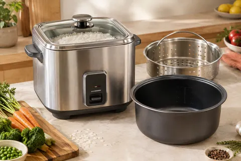Cuiseur à riz Cuisinart en inox avec couvercle en verre et panier vapeur sur un plan de travail clair