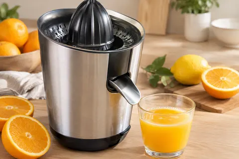 Presse-agrumes électrique noir et inox brossé posé près d’oranges, d’un citron et d’un verre de jus