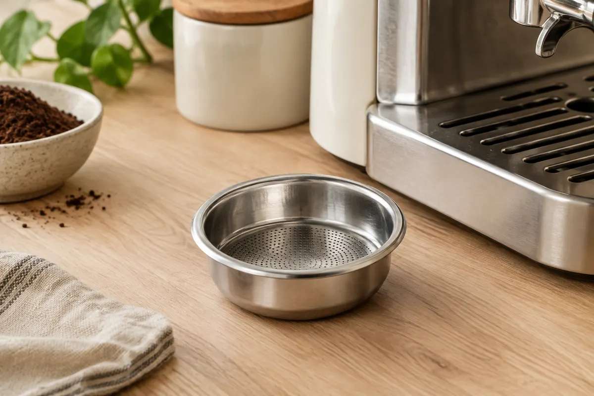 Filtre panier De’Longhi en acier inoxydable posé sur un plan de travail en bois clair.