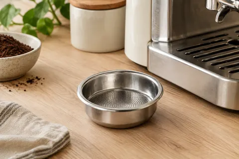 Filtre panier De’Longhi en acier inoxydable posé sur un plan de travail en bois clair.