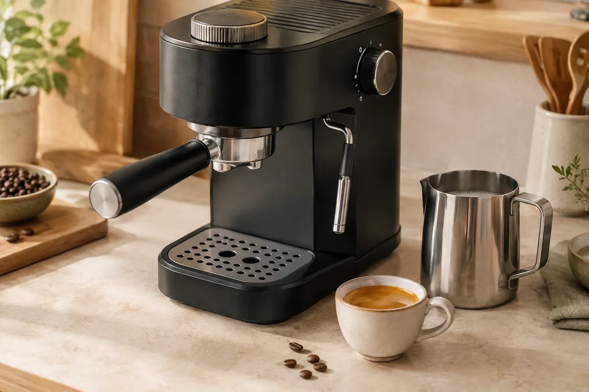 Machine expresso manuelle noire avec porte-filtre et buse vapeur, accompagnée d’une tasse et d’un pichet à lait