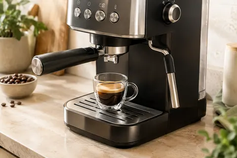 Machine expresso automatique noire et argentée avec broyeur, buse vapeur manuelle et tasse de café sur un plan clair.