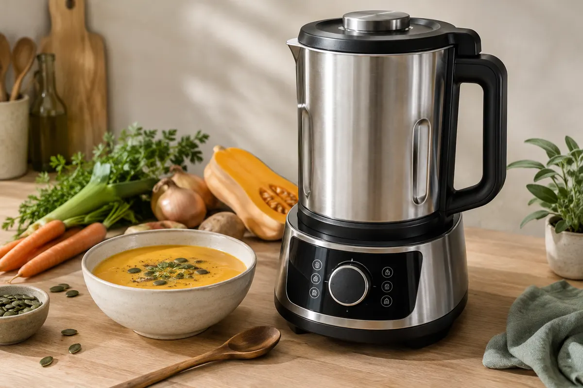 Blender chauffant DOMO argenté et noir avec verseuse inox, présenté sur un plan de travail en bois clair.