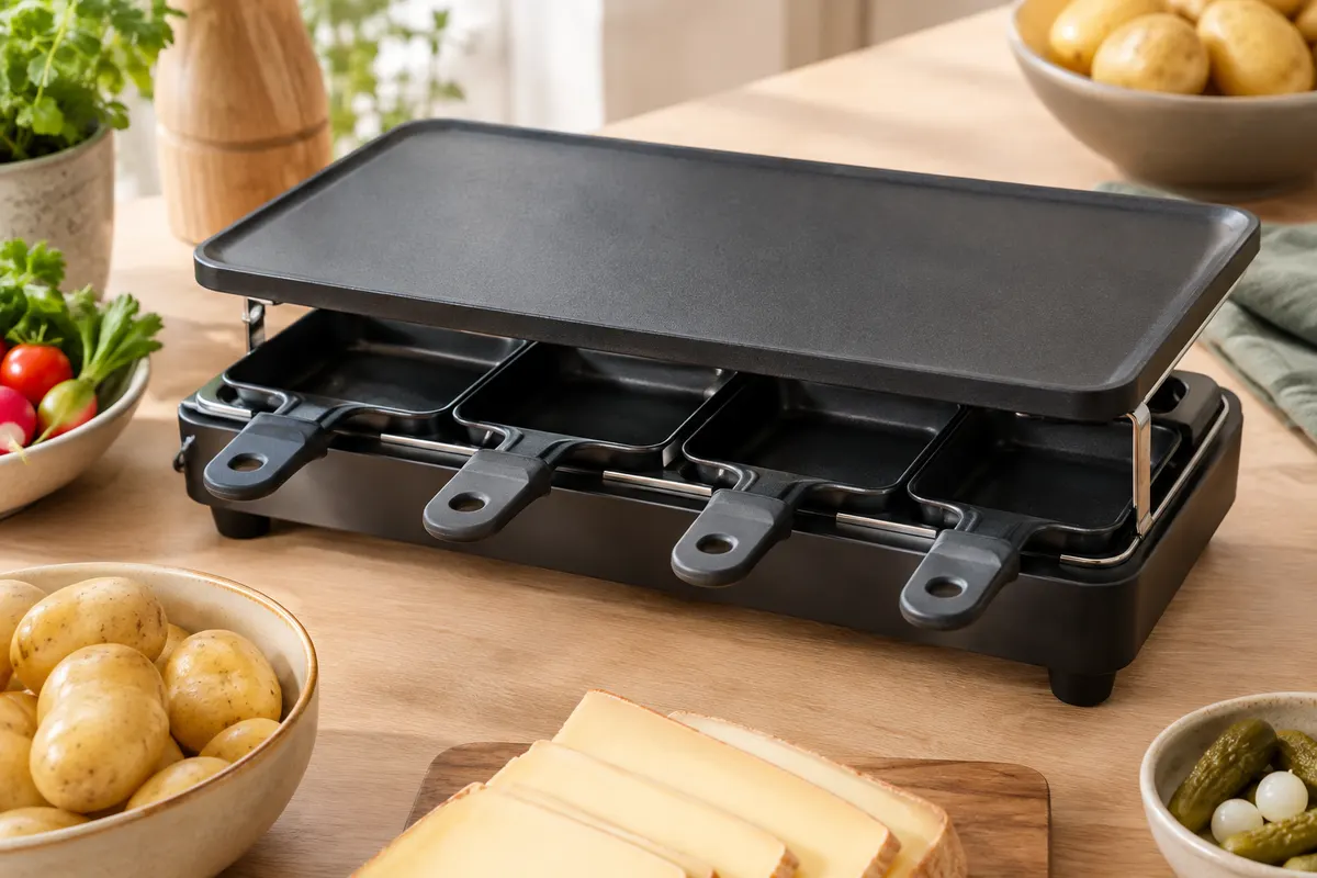 Appareil à raclette noir compact avec quatre poêlons, plaque amovible et ingrédients sur un plan en bois clair