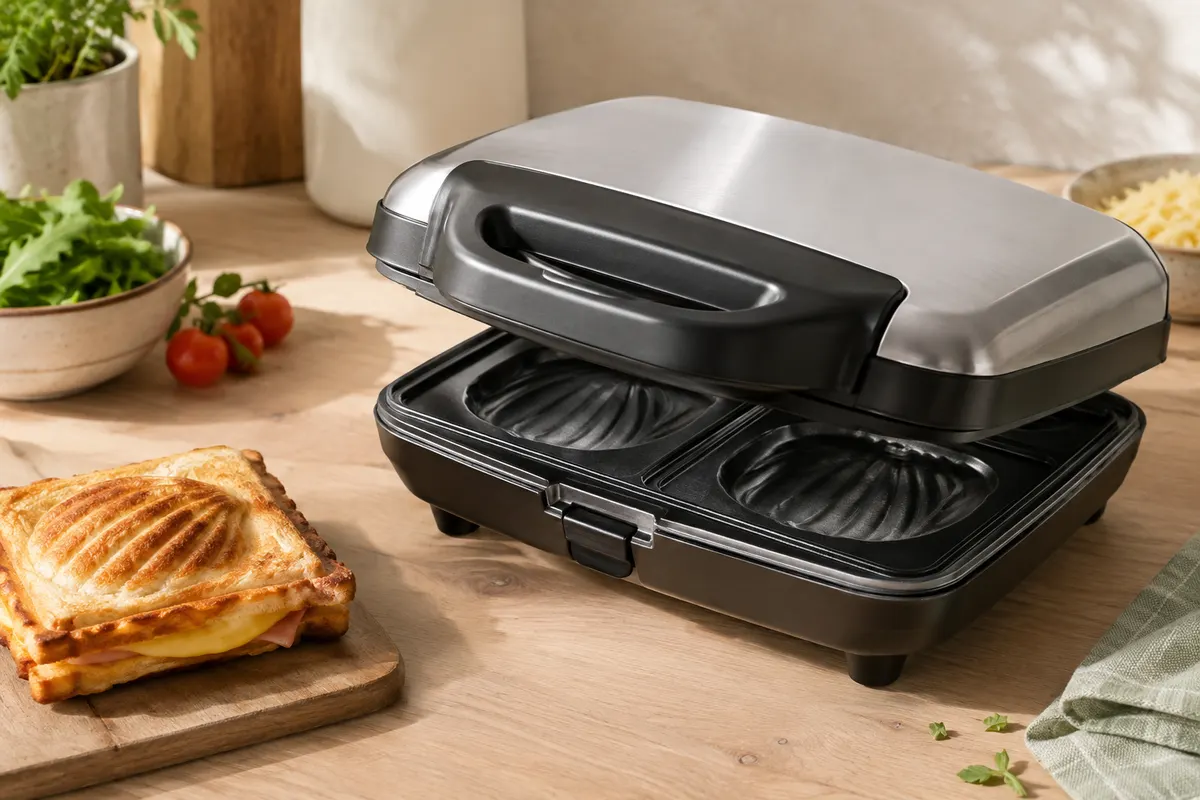 Appareil à croque-monsieur Emerio en inox brossé et noir, présenté ouvert sur un plan de travail clair