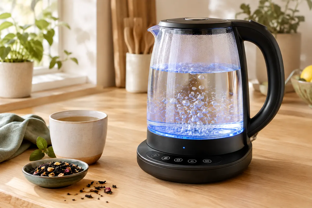 Bouilloire électrique en verre transparent avec base noire et éclairage LED bleu sur un plan de travail clair