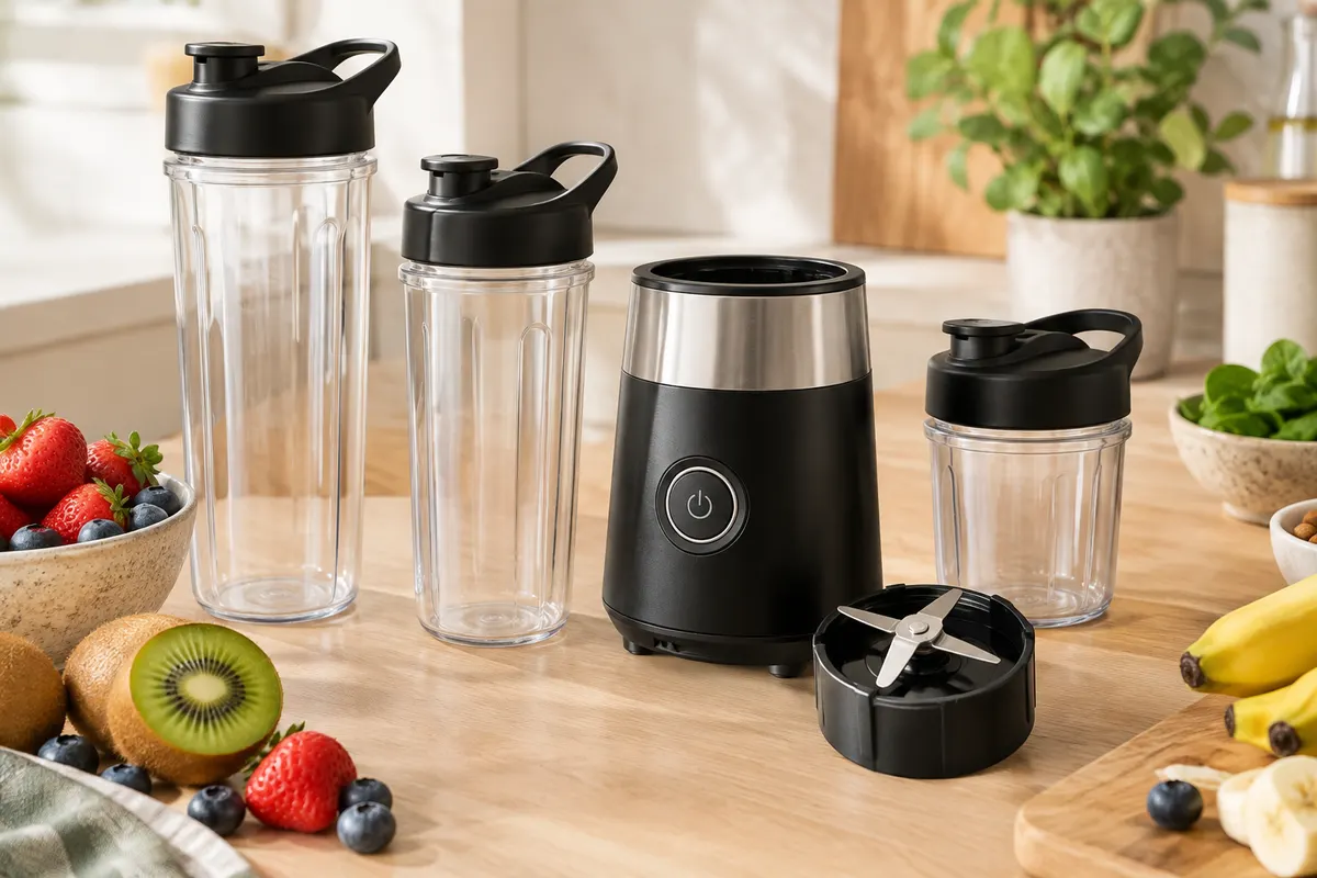 Mini blender noir et argent avec lame inox et trois gourdes portables de 500 et 700 ml sur un plan de travail.