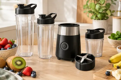 Mini blender noir et argent avec lame inox et trois gourdes portables de 500 et 700 ml sur un plan de travail.