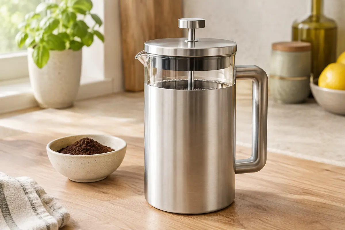 Cafetière à piston Groenenberg en acier inoxydable argenté mat posée sur un plan de travail en bois clair.