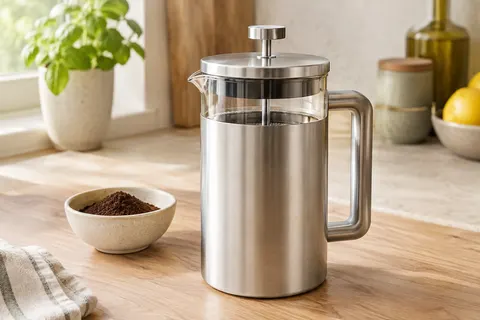 Cafetière à piston Groenenberg en acier inoxydable argenté mat posée sur un plan de travail en bois clair.