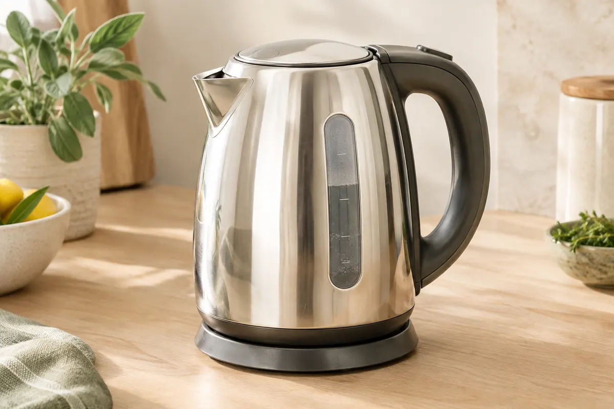 Bouilloire compacte en inox poli avec niveau d’eau gradué, posée sur un plan de travail clair.