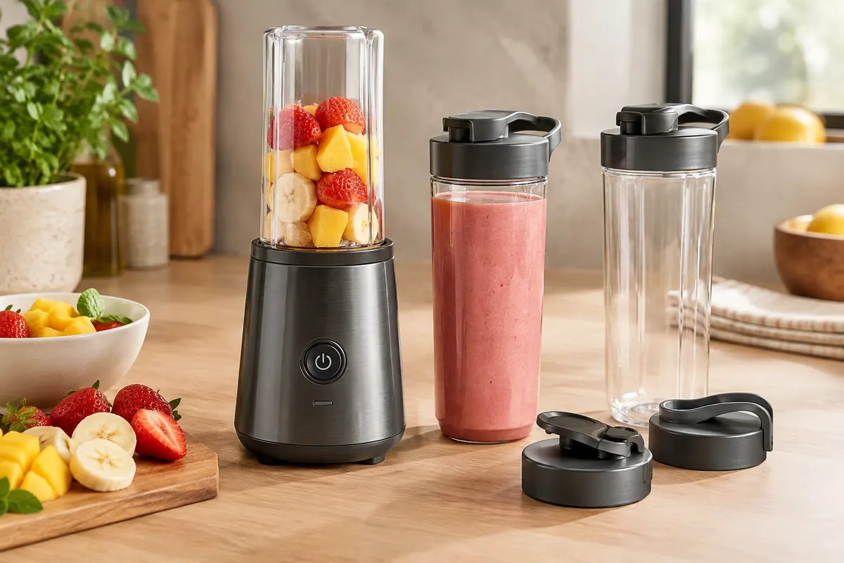 Mini blender portable gris foncé accompagné de deux gourdes sur un plan de travail en bois clair
