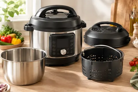 Multicuiseur noir et argent de 8 litres avec deux couvercles et panier de friture à air
