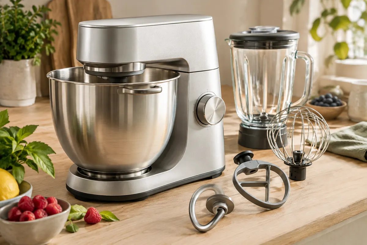 Robot de cuisine Kenwood argenté avec bol inox, blender en verre et accessoires sur un plan de travail clair