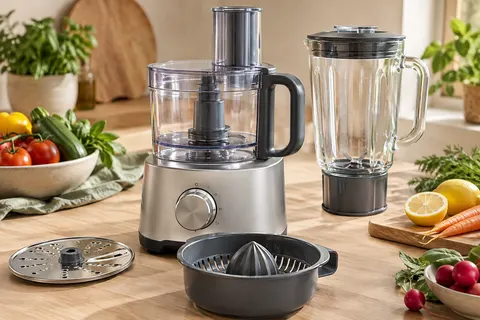 Robot multifonction Kenwood argenté avec bol, blender et accessoires sur un plan de travail clair