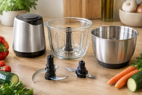 Mini hachoir électrique argenté avec bols en verre et en acier inoxydable sur un plan de travail clair