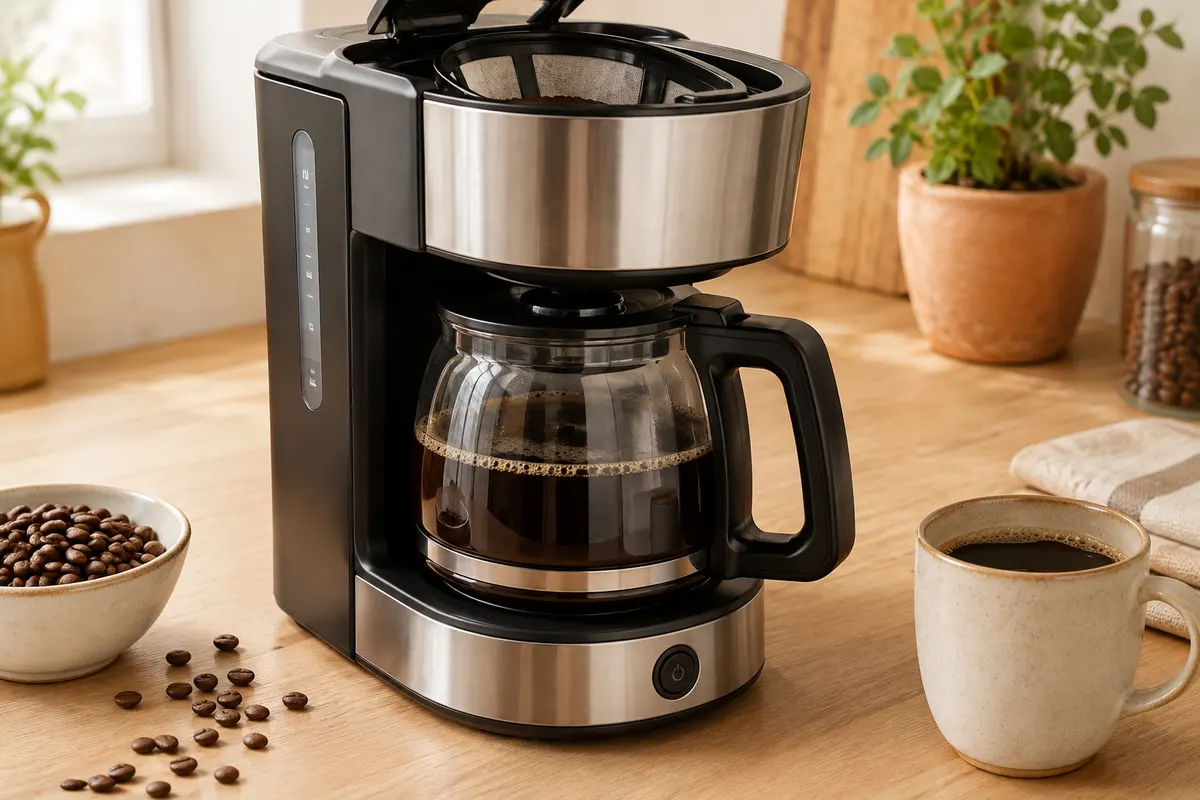 Cafetière filtre KRUPS noire et inox avec verseuse, présentée sur un plan de travail en bois clair.