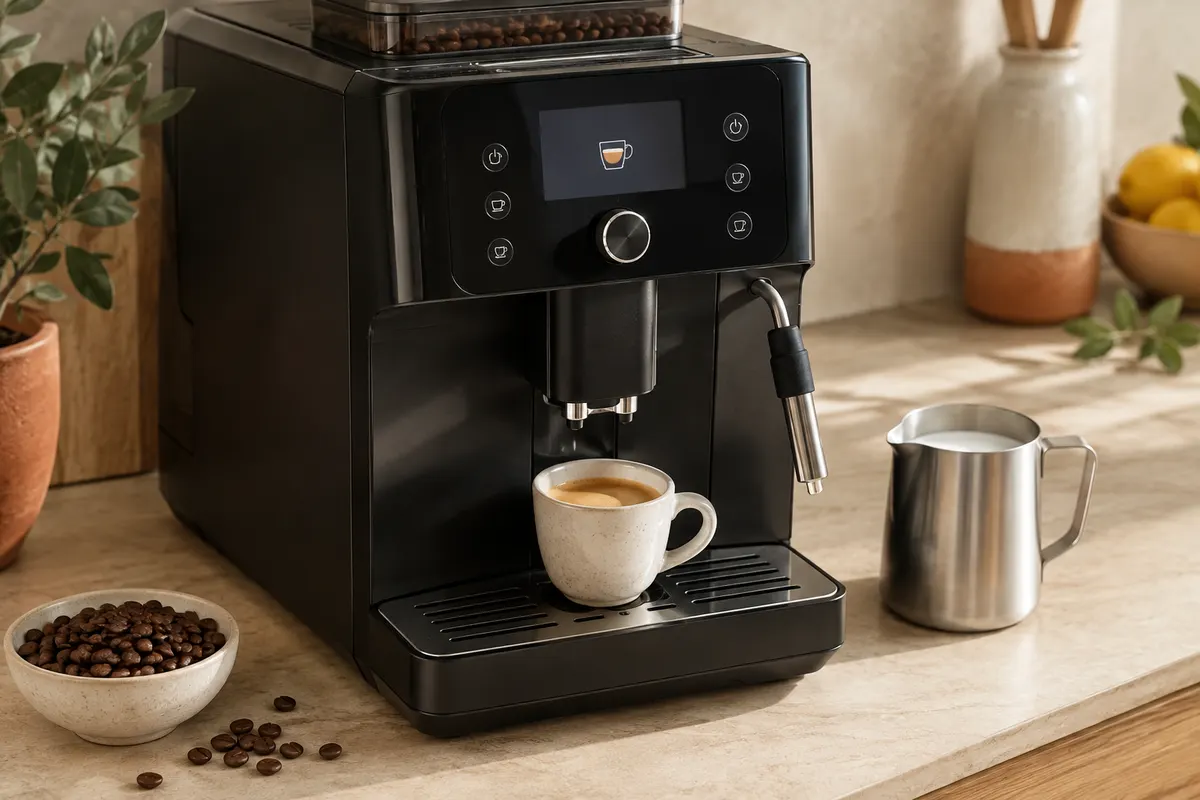 Machine à café à grains automatique noire avec écran LCD et buse vapeur sur un plan de travail clair
