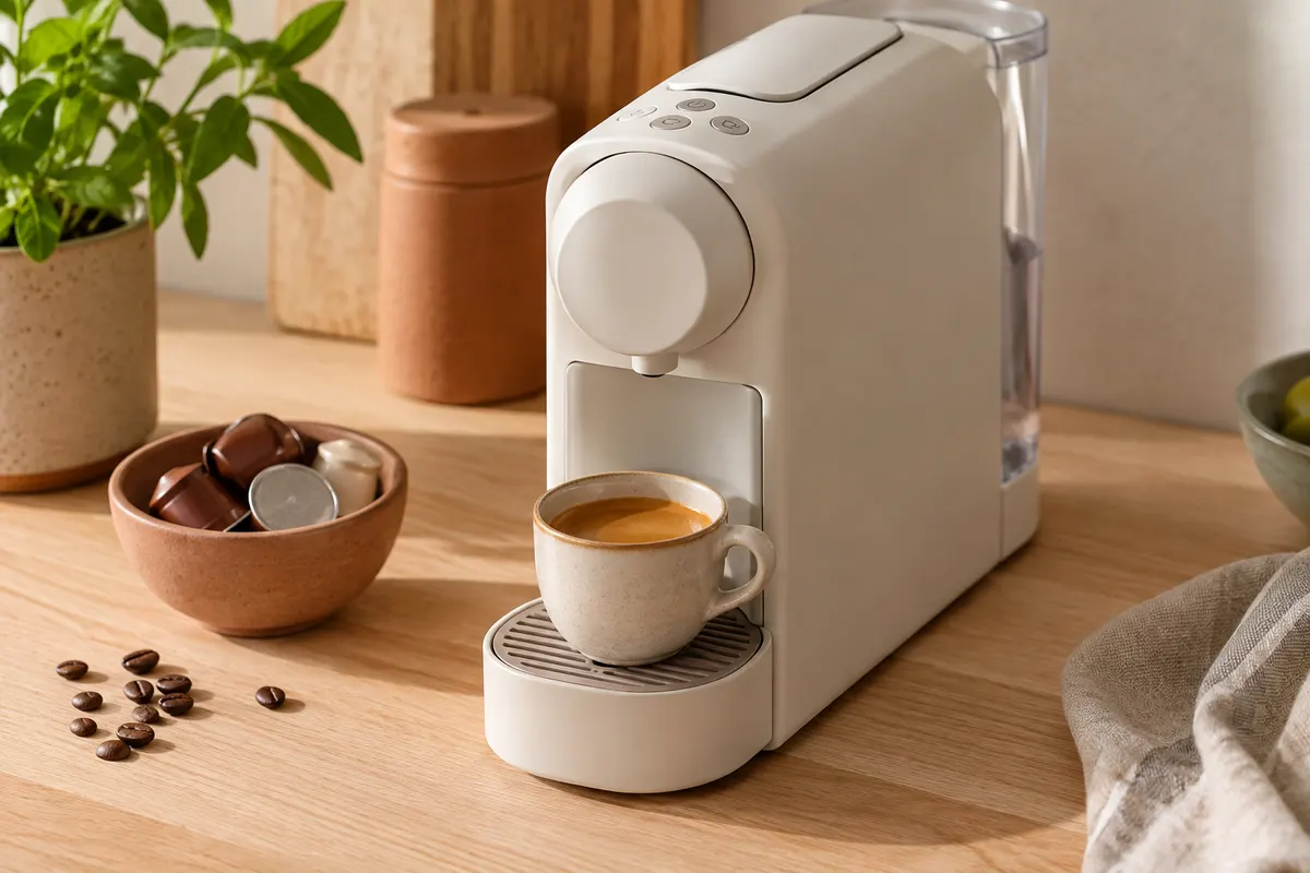Machine expresso à capsules blanche KRUPS Essenza Mini posée sur un plan de travail en bois clair.