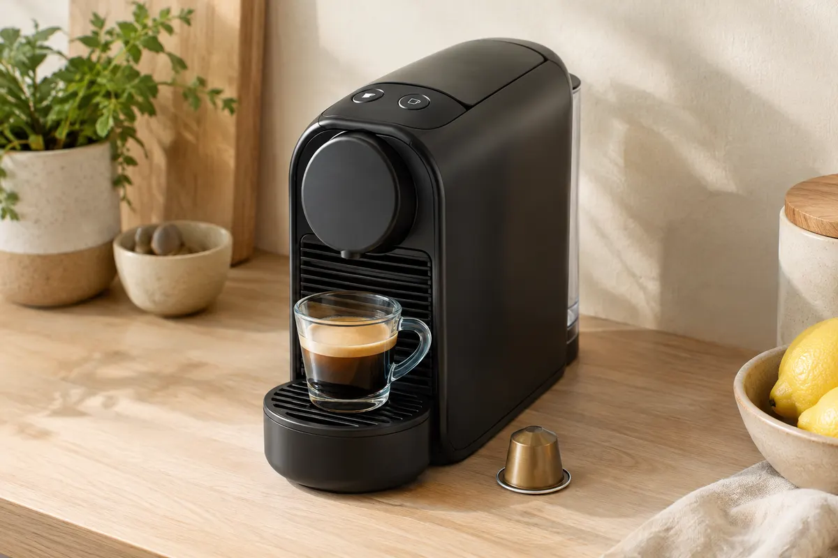 Machine à capsules Krups noire et compacte posée sur un plan de travail clair, avec une tasse d’espresso.