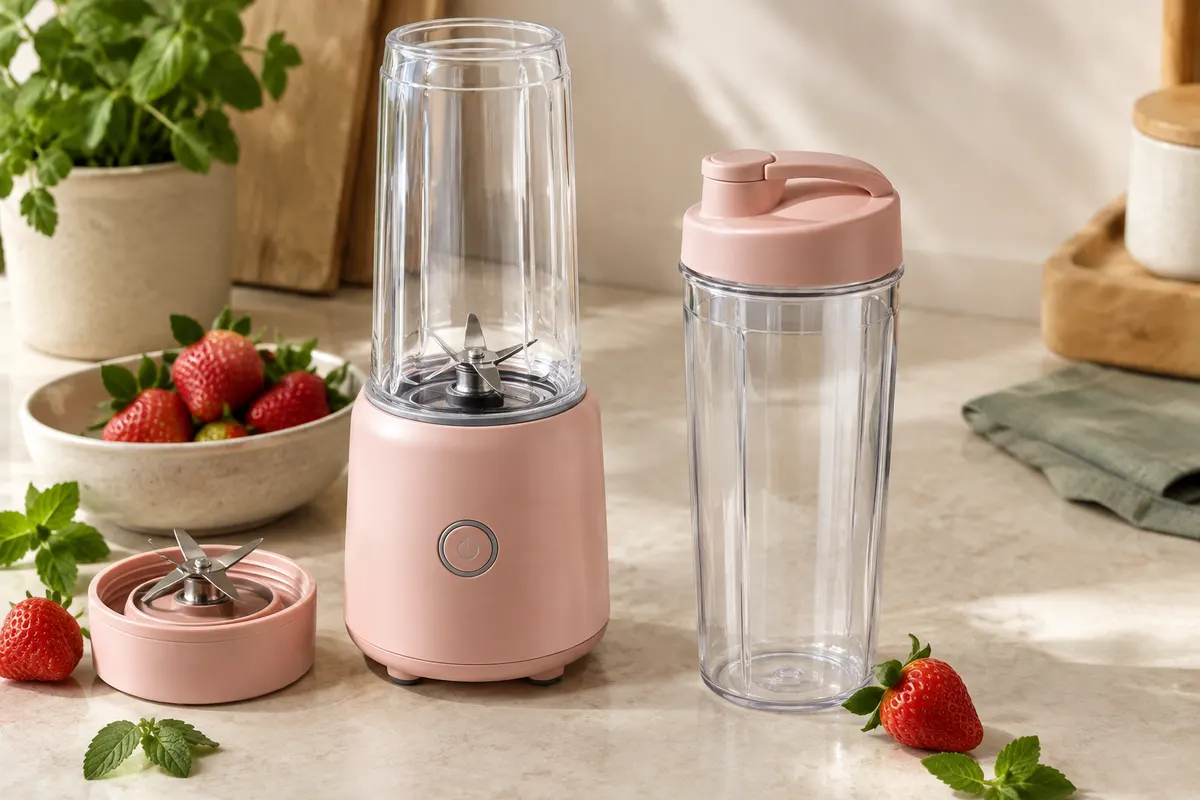 Blender personnel rose avec deux gobelets de 550 ml posé sur un plan de travail clair