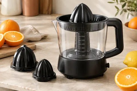 Presse-agrumes électrique noir avec récipient transparent de 700 ml, deux cônes et des agrumes frais