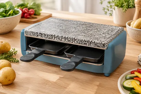 Appareil à raclette Livoo bleu pour deux avec plaque amovible en pierre et deux poêlons