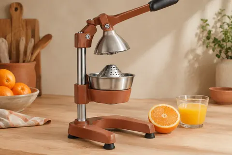 Presse-agrumes manuel Lumaland à levier posé sur un plan de travail avec une orange et un verre de jus