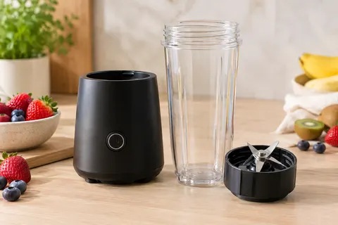 Mini blender noir Magic Bullet avec gobelet transparent de 560 ml posé sur un plan de travail clair