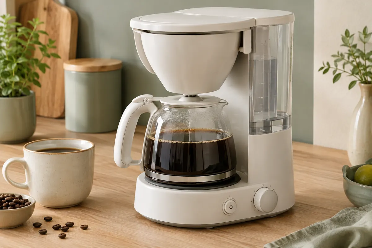 Cafetière filtre blanche avec verseuse en verre posée sur un plan de travail en bois clair