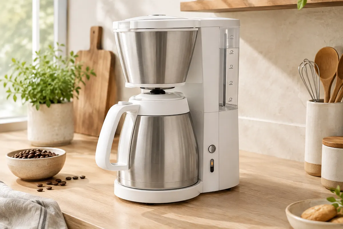 Cafetière filtre blanche avec détails en acier brossé et verseuse isotherme sur un plan de travail clair