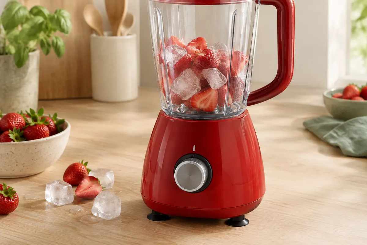 Blender rouge Moulinex à bol en plastique posé sur un plan de travail clair avec des fruits frais