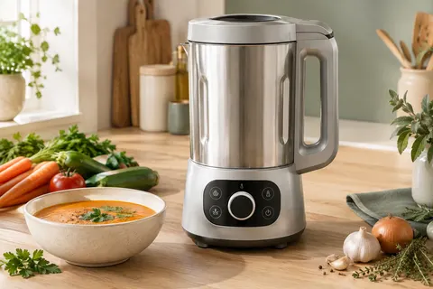 Blender chauffant Moulinex argenté avec bol en acier inoxydable posé sur un plan de travail clair.