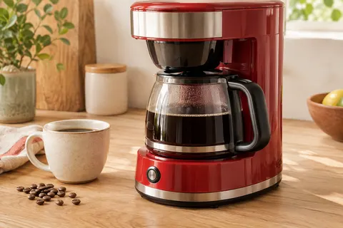 Cafetière filtre Moulinex rouge avec carafe en verre posée sur un plan de travail clair
