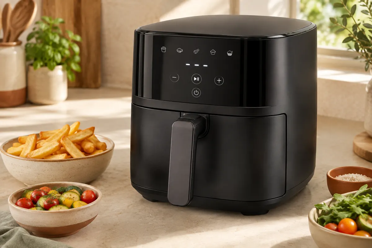 Friteuse sans huile noire à tiroir unique avec commandes tactiles, posée sur un plan de travail clair.