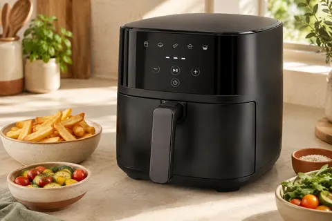 Friteuse sans huile noire à tiroir unique avec commandes tactiles, posée sur un plan de travail clair.