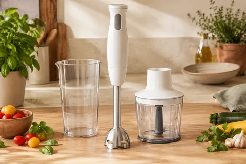 Mixeur plongeant blanc avec gobelet en verre de 800 ml et accessoire hachoir sur un plan de travail clair.