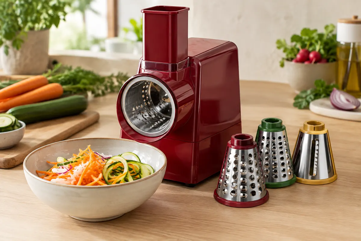 Découpe-légumes électrique Moulinex rouge rubis avec trois cônes en inox sur un plan de travail