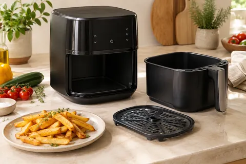 Friteuse sans huile Moulinex noire avec cuve et grille de cuisson en fonte d’aluminium sur un plan clair