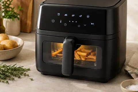 Friteuse sans huile noire à tiroir large avec fenêtre, posée sur un plan de travail clair près de pommes de terre.