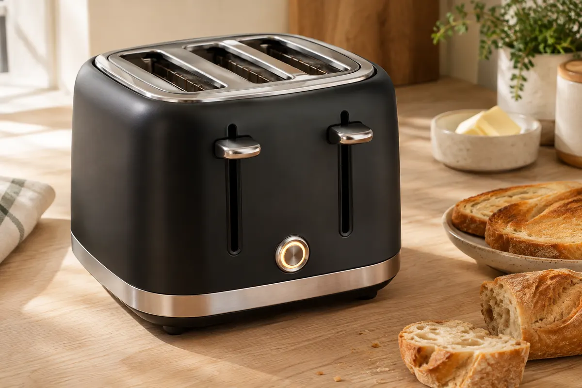 Grille-pain noir et inox à chambres ouvertes posé sur un plan de travail en bois clair avec du pain.