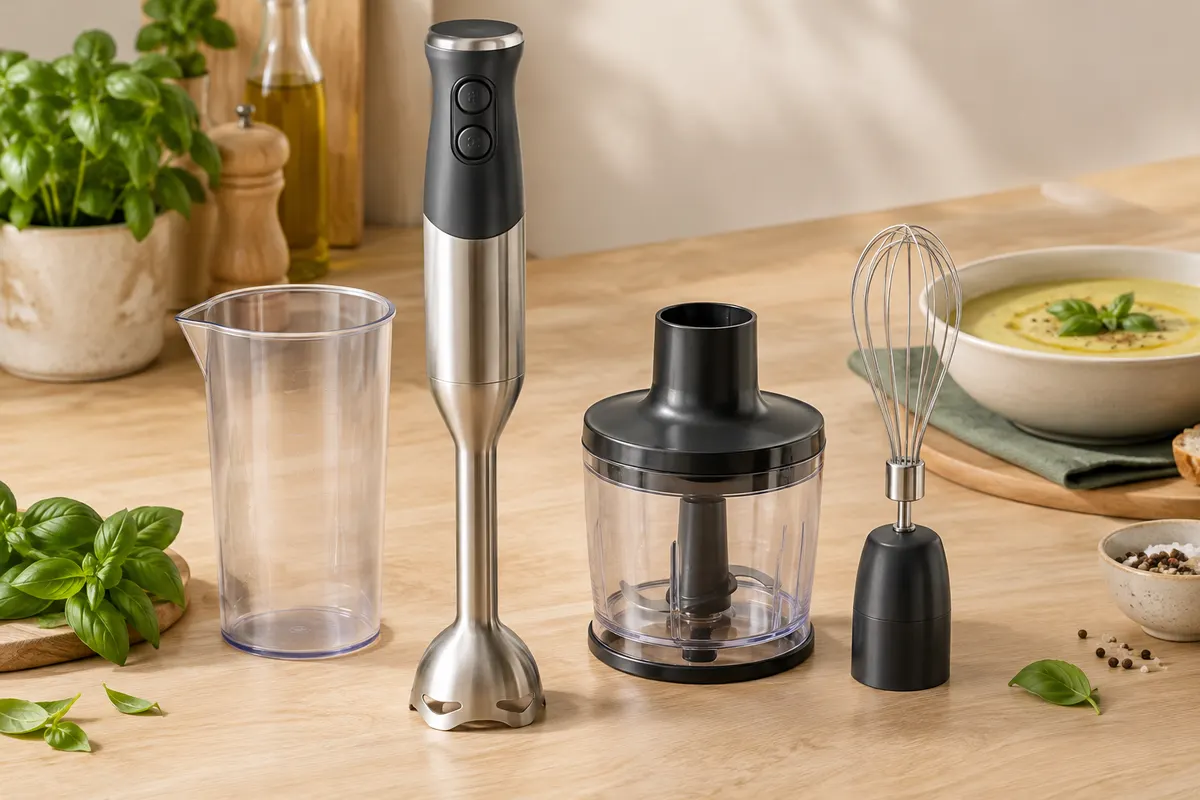Mixeur plongeant en acier et noir accompagné de son verre, de son hachoir et de son fouet