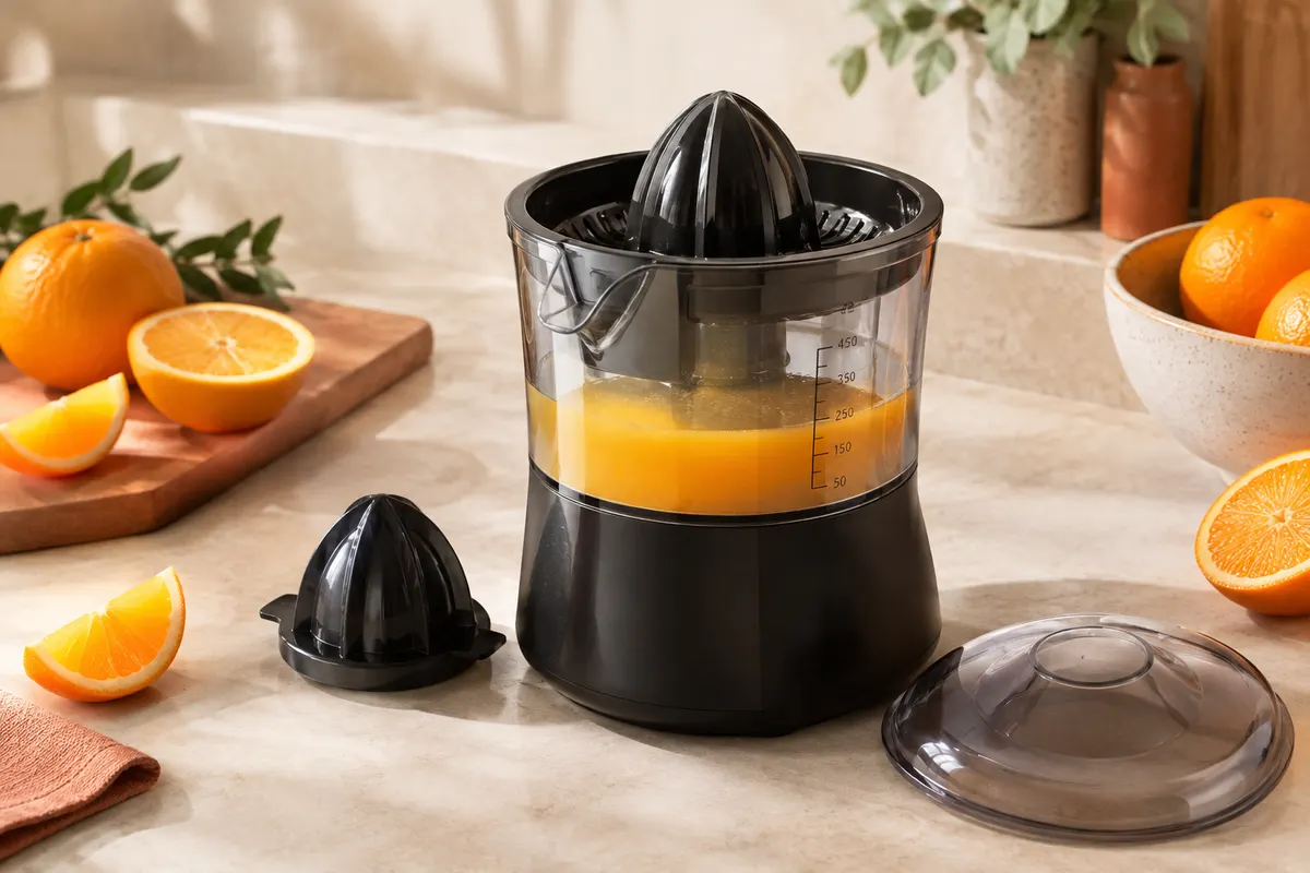 Presse-agrumes électrique noir compact avec cône, récipient de 450 ml et couvercle sur un plan de travail clair.