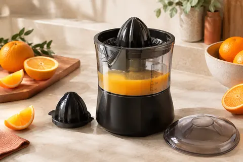 Presse-agrumes électrique noir compact avec cône, récipient de 450 ml et couvercle sur un plan de travail clair.