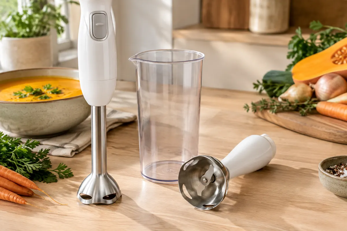 Mixeur plongeant blanc avec pied amovible en acier inoxydable et gobelet transparent sur un plan de travail