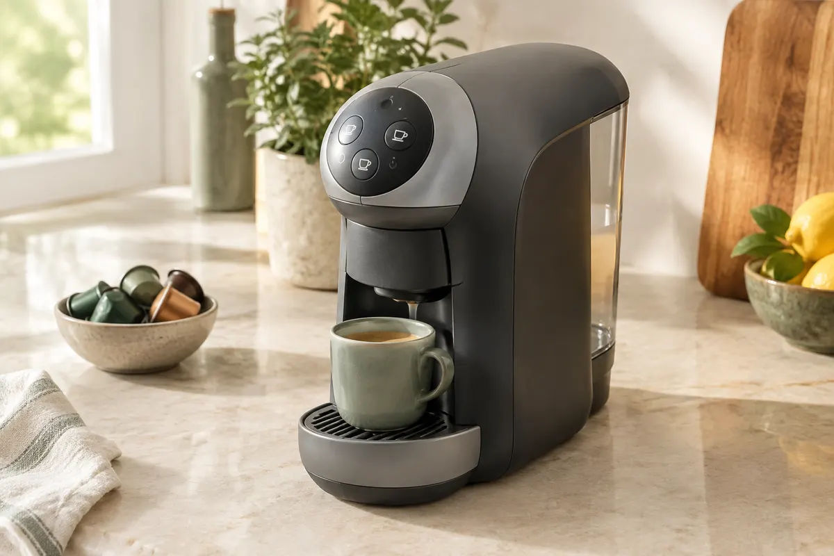 Machine à capsules compacte anthracite et grise posée sur un plan de travail avec une tasse