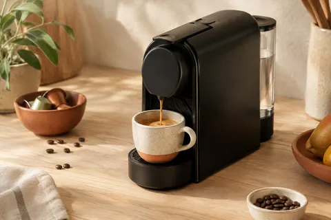 Machine à capsules noire et compacte posée sur un plan de travail clair, avec une tasse sous la sortie.
